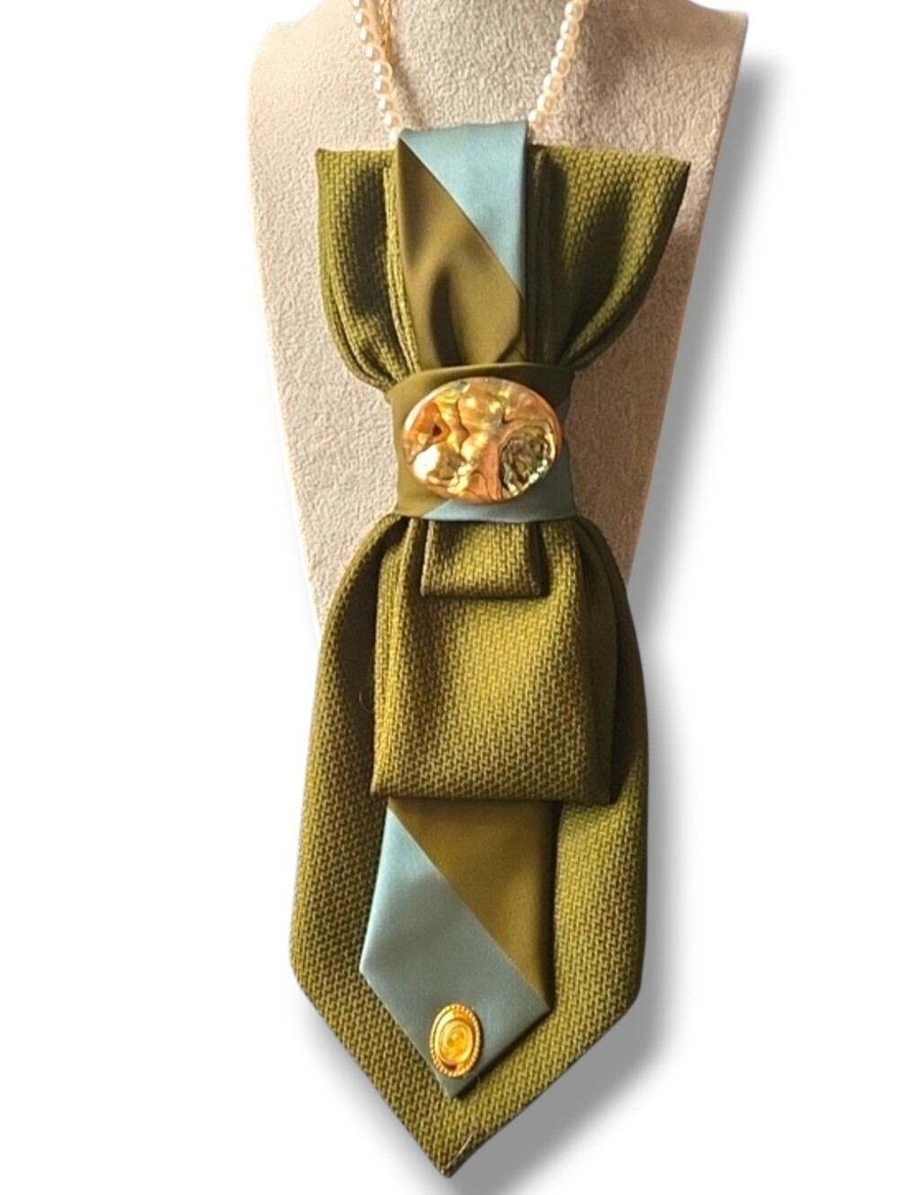 3/$6] Olive Green Statement Cravat with Mother Of Pearl and Gold Accent Brooch